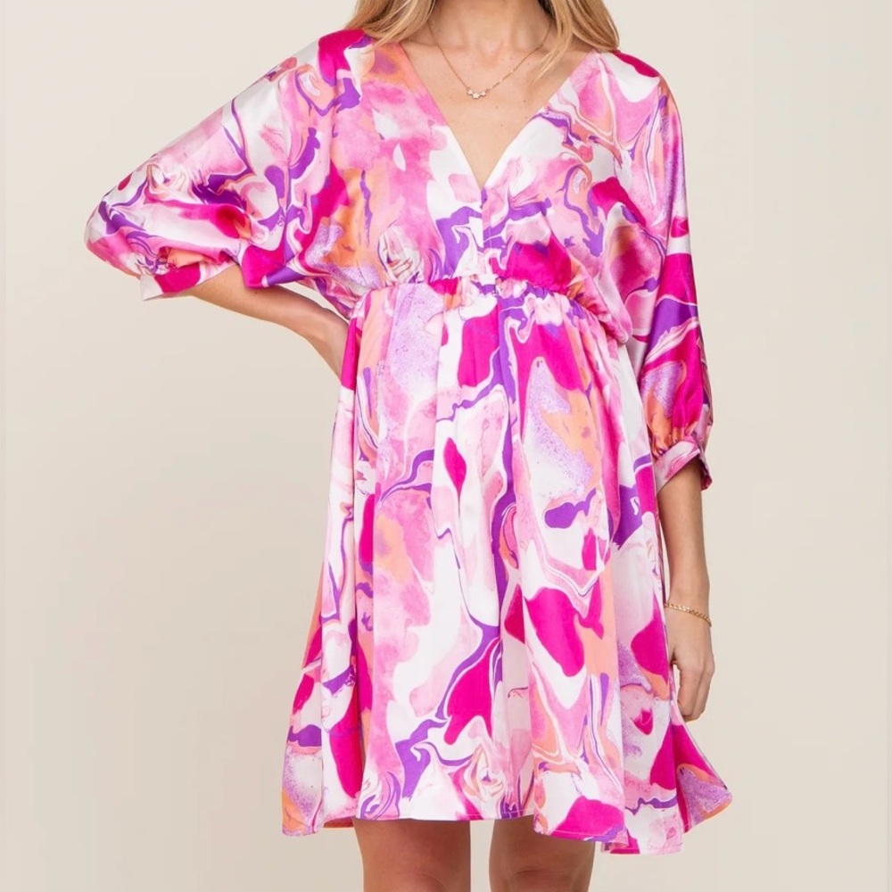 Pink Swirl Print Satin Babydoll Dress